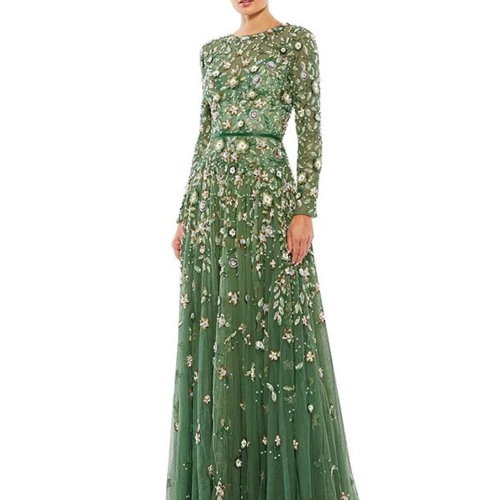 Mac Duggal Green Floral Long Sleeve Dress